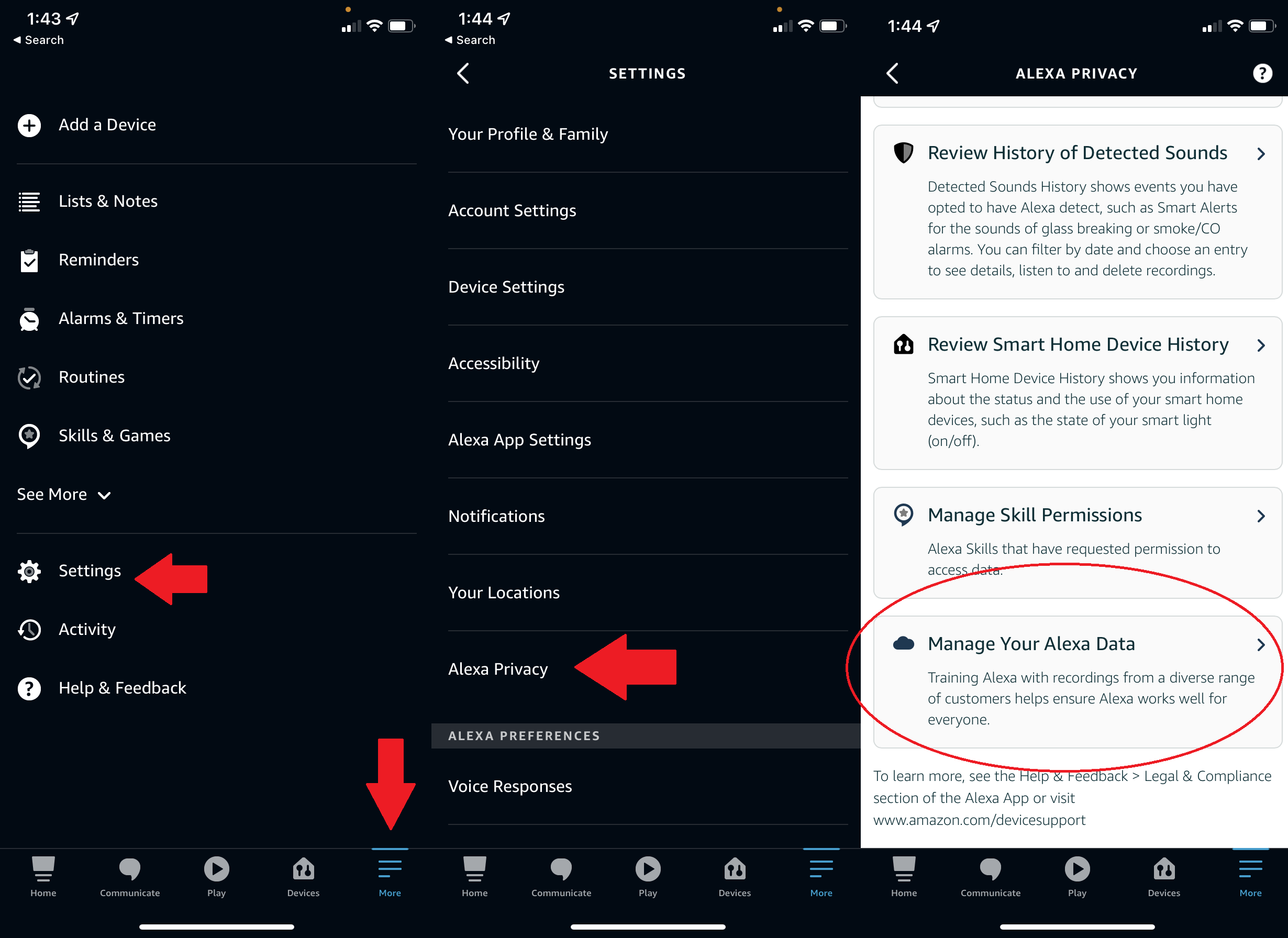 screenshots from the alexa app navigating to alexa privacy settings