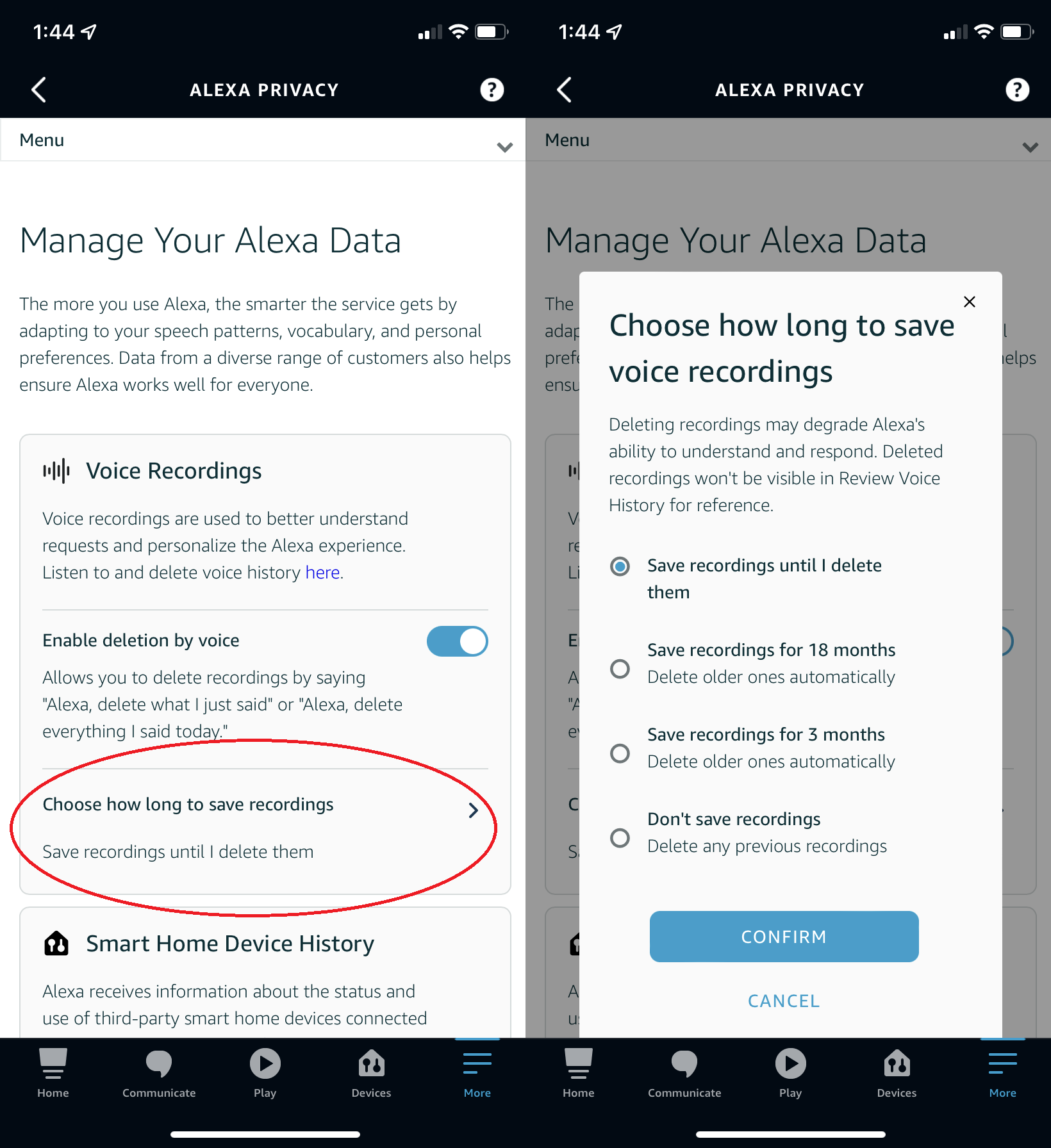 screenshots: choose how long to save alexa data