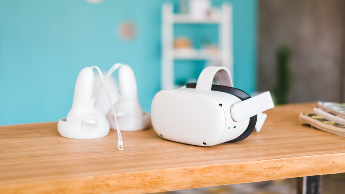 An Oculus Quest 2 in a small room