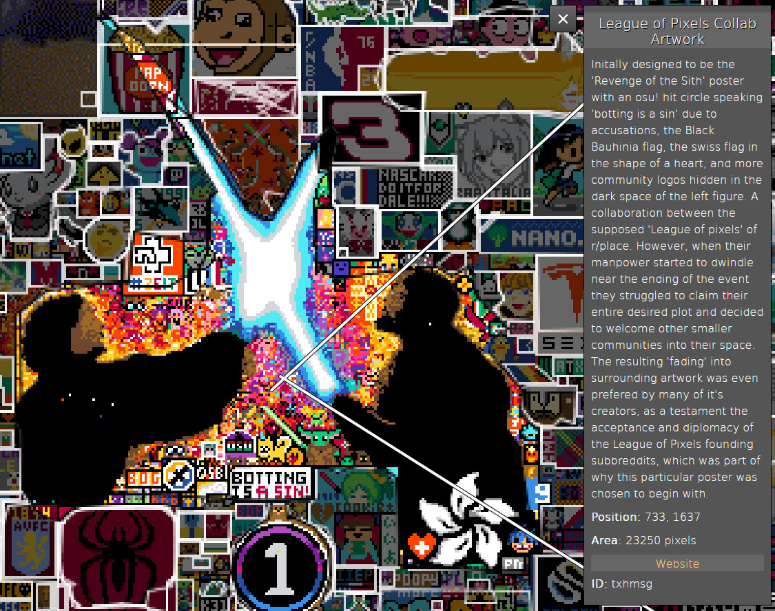 A screenshot from 2022 r/place atlas originally designed to depict “Revenge of the Sith”