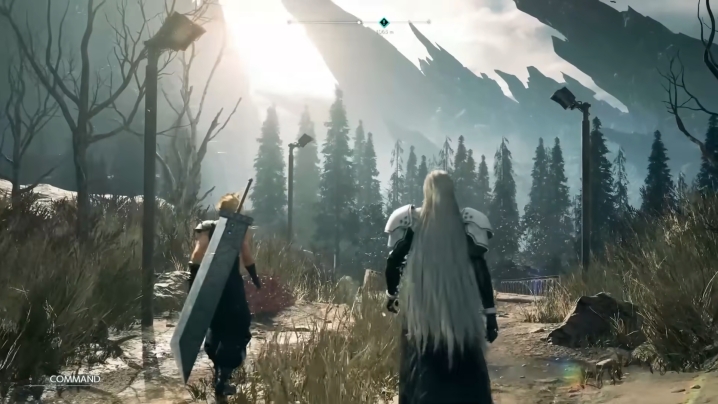 Cloud and Sephiroth walking toward a bridge.