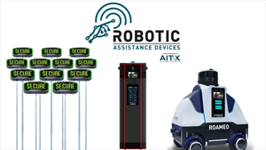 Illustration of 12 RAD ROSA 3.0 units, 1 SCOT security tower and 1 ROAMEO mobile security robot in simulated autonomous response mode. RAD has received a letter of intent from a major casino operator for a minimum of 14 RAD devices.