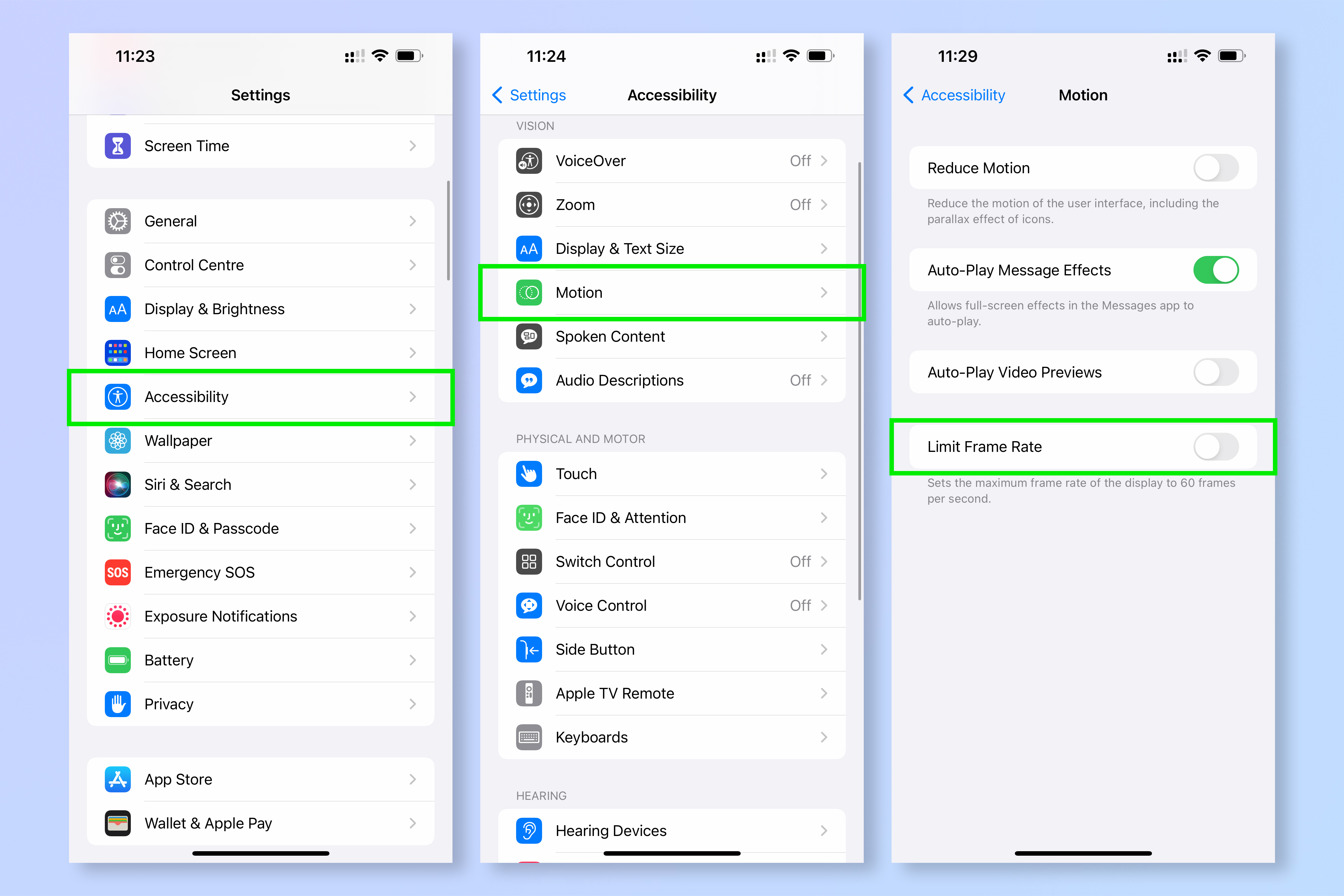 Screenshots showing the steps required to reduce motion on iPhone