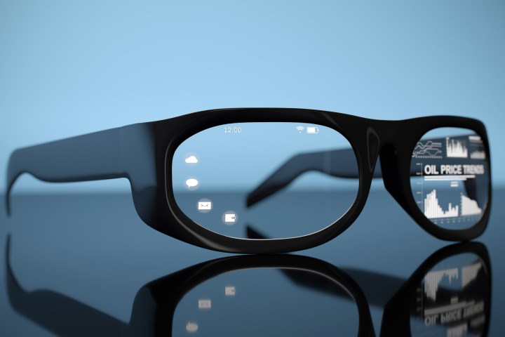 Digital concept Smart Glasses close-up with Graphical User Interface.