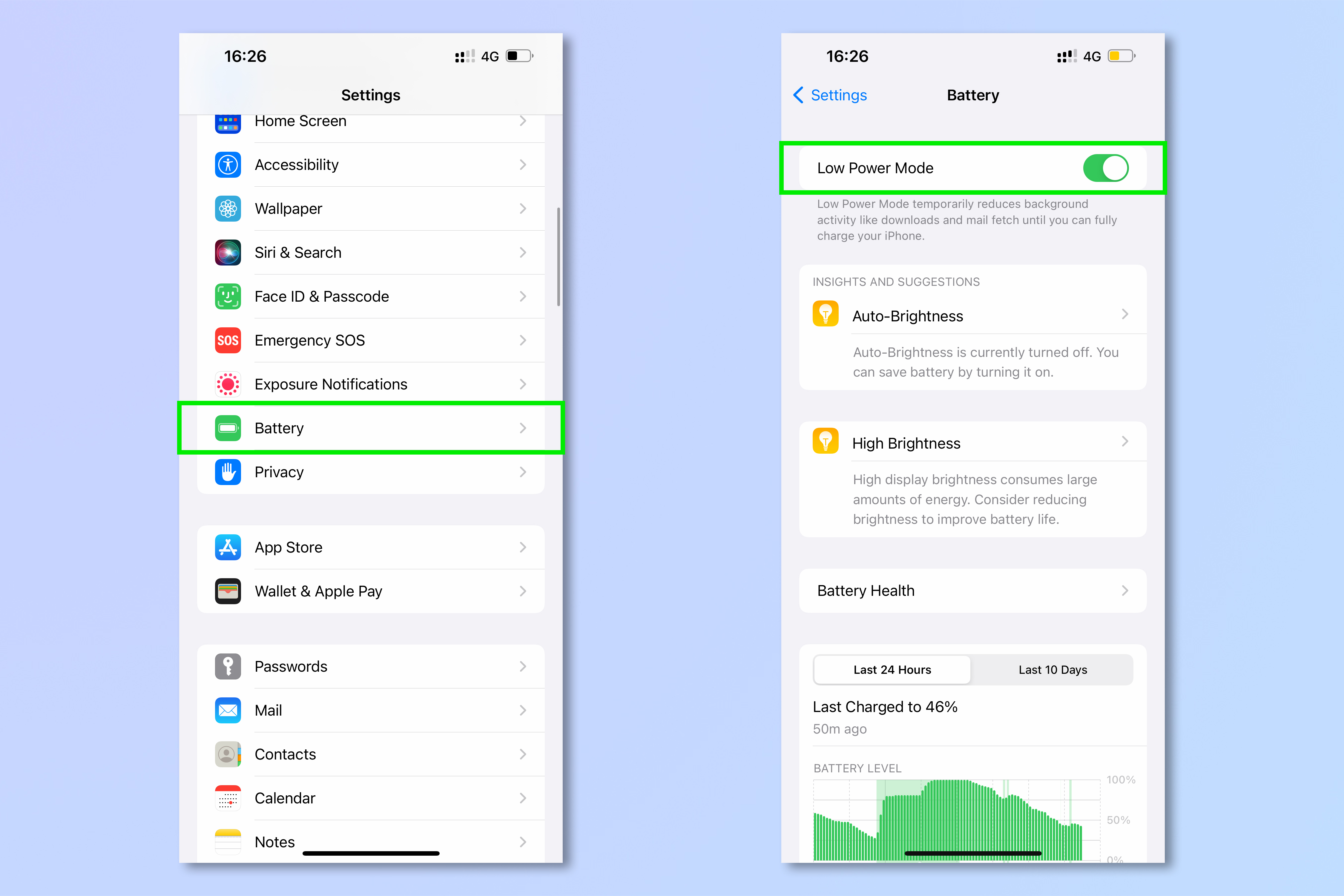 Screenshots showing how to save battery life on iPhone