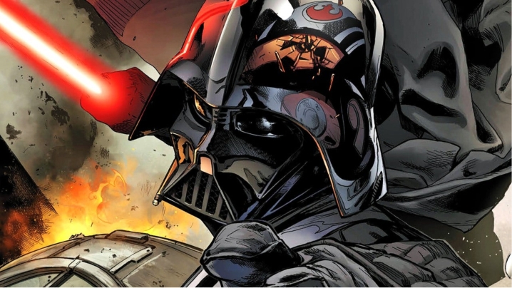 Comic book cover art of Darth Vader striking down a Rebel soldier.