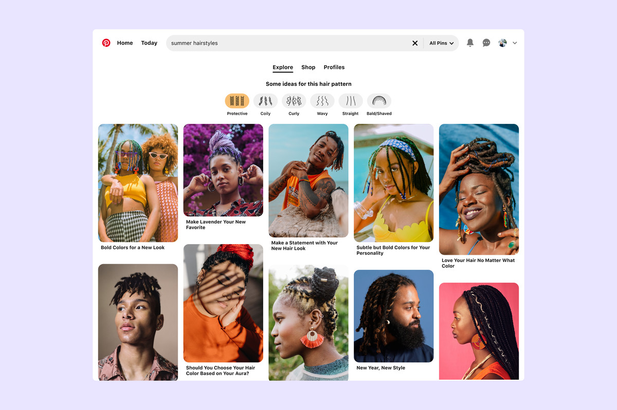 Screenshot of a Pinterest search for “summer hairstyles” showing filter options for protective, coily, curly, wavy, straight, and shave/ bald. Protective is selected, showing various pins of people with braids and twists.