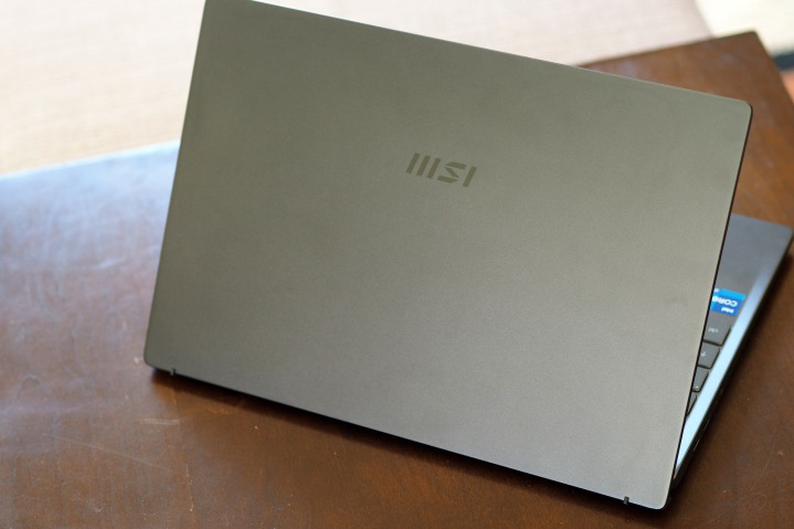 An angled view of the lid on the MSI Prestige 14.