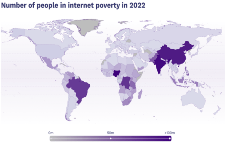 Number of people in internet poverty in 2022 map.