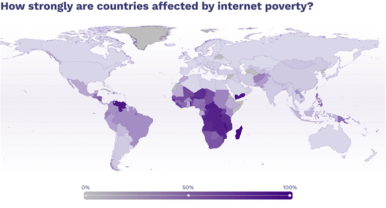 How strongly are countries affected by internet poverty? map