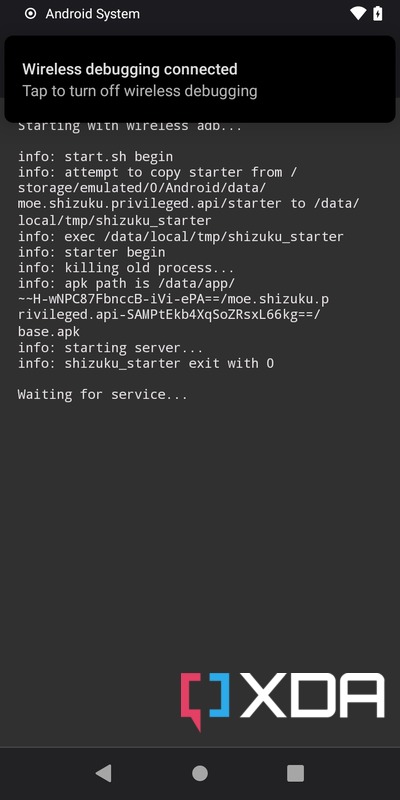 Shizuku wireless debugging started