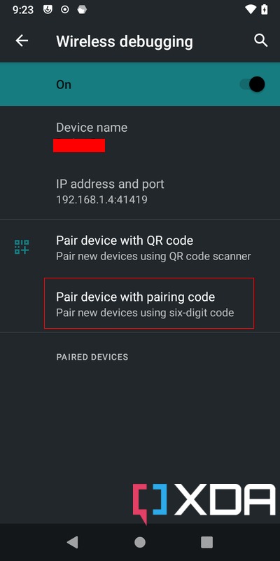 Wireless debugging pair device with pairing code