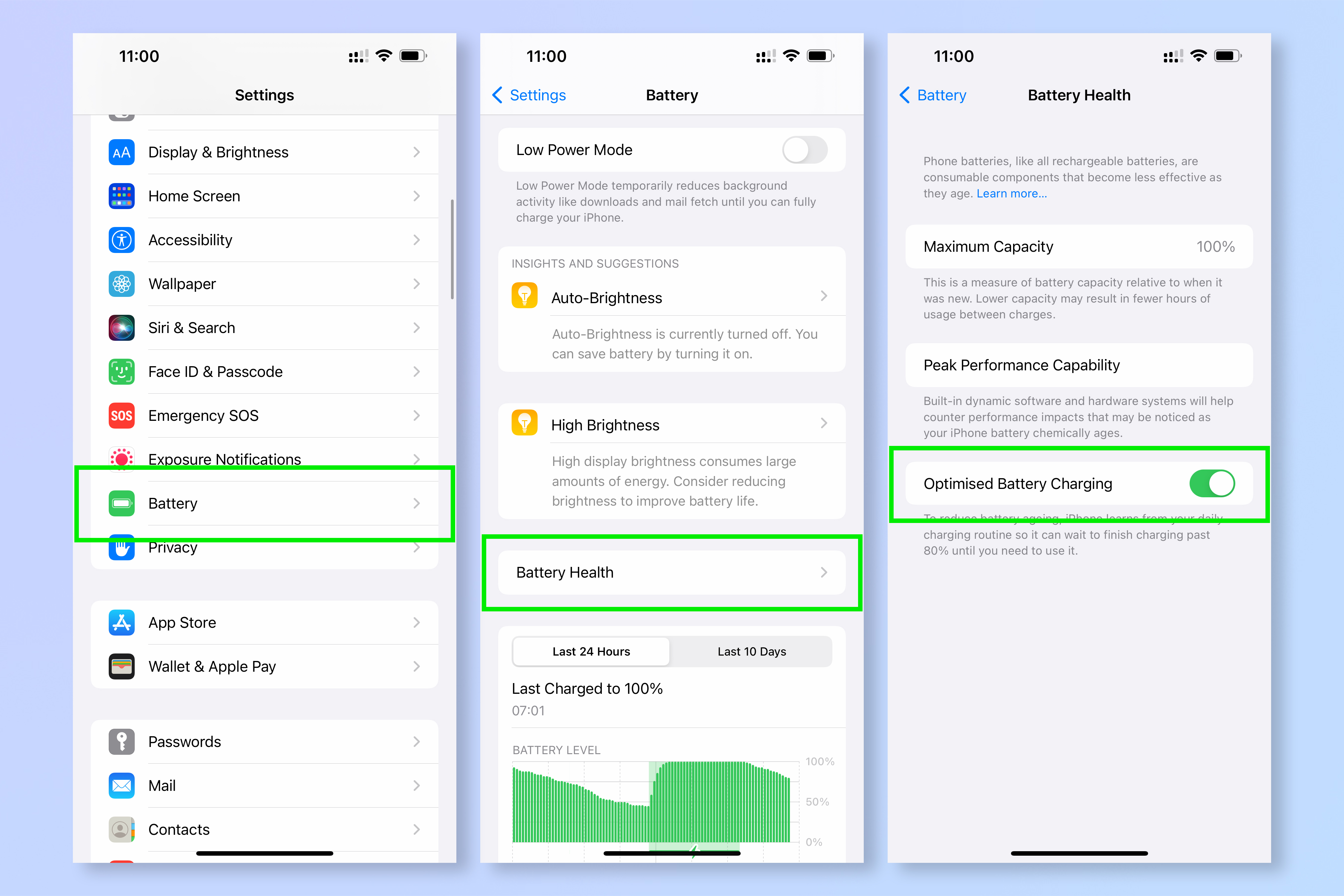 Screenshots showing the steps to turn on Optimized Battery Charging on iPhone