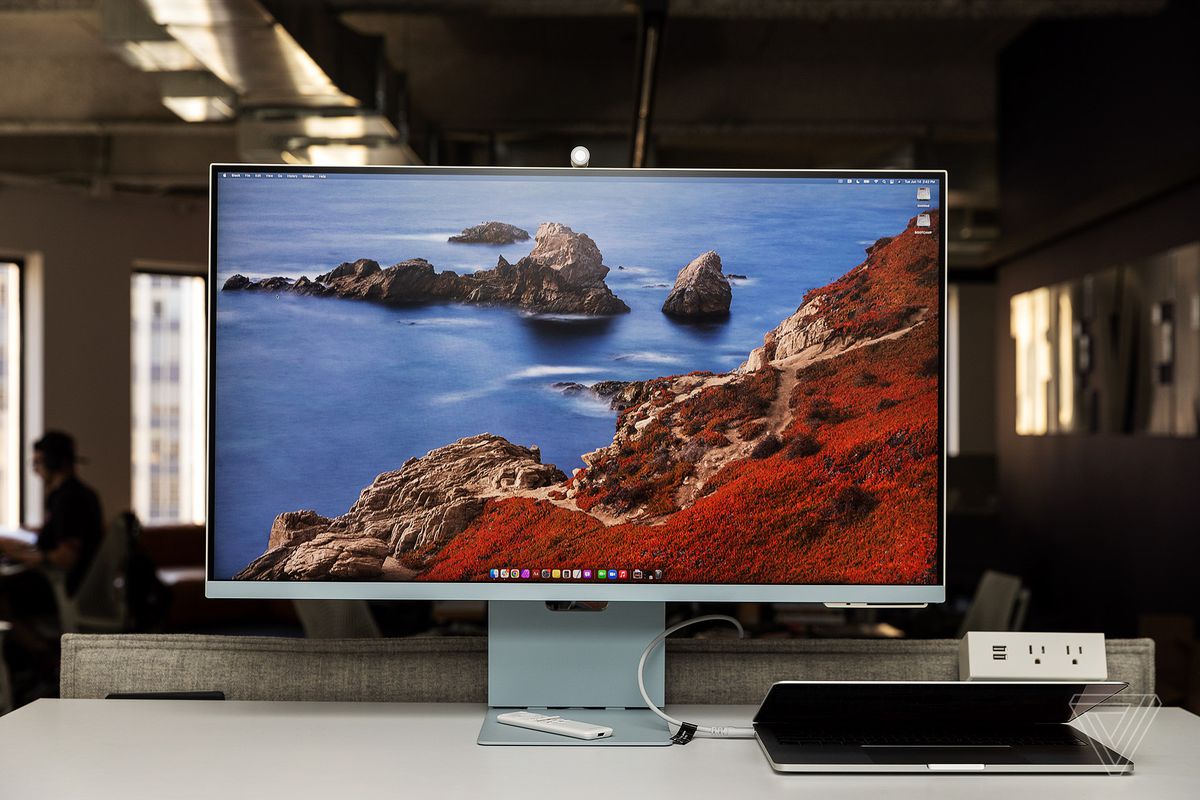 Front view of the Samsung M8 smart monitor, showing the color-matched stand and bottom bezel