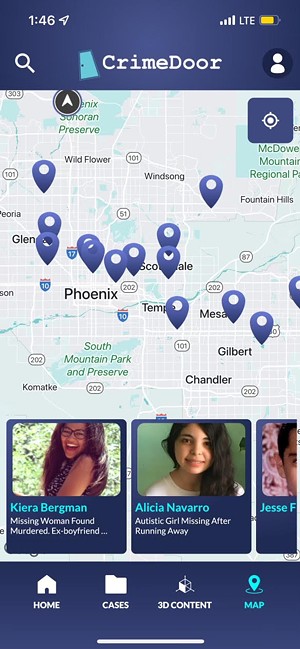 A geo-targeted case profile map alerts users of murders, missing persons, and unsolved cases in their area. - SCREENSHOT