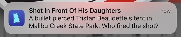 CrimeDoor sends push notifications when you pass by an area that was once a murder scene. Peep through your smartphone camera and you'll see the body, complete with blood, shattered glass, and all the other macabre details. - SCREENSHOT