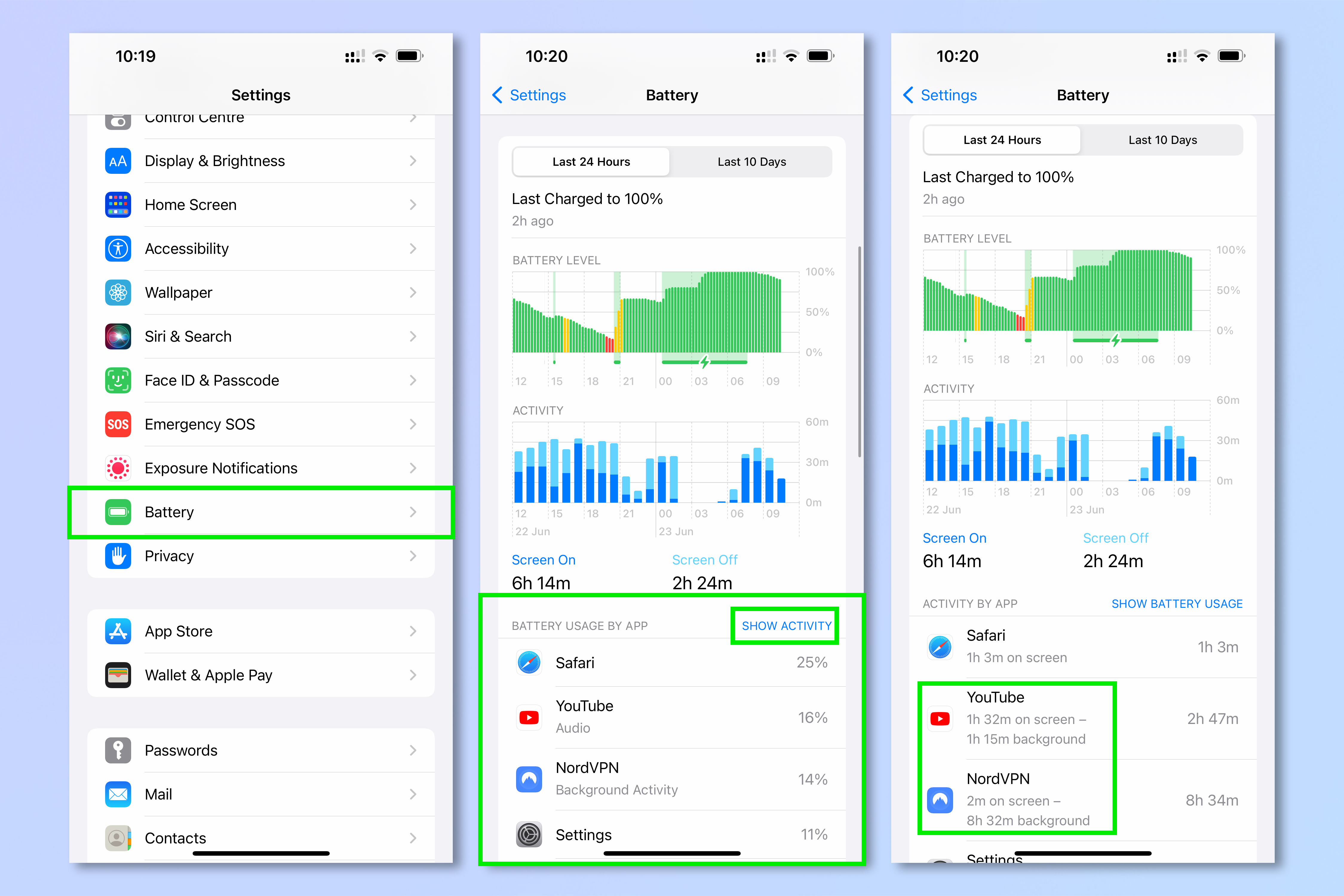 Screenshots showing how to save battery life on iPhone