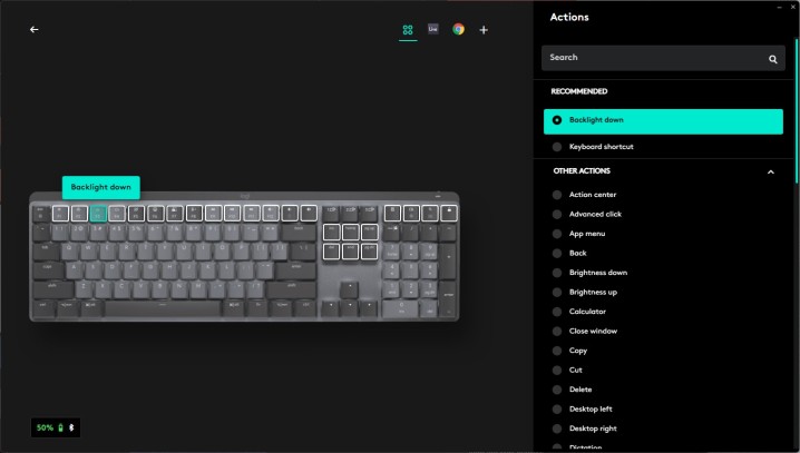 Key remapping options in Logitech Options Plus software.