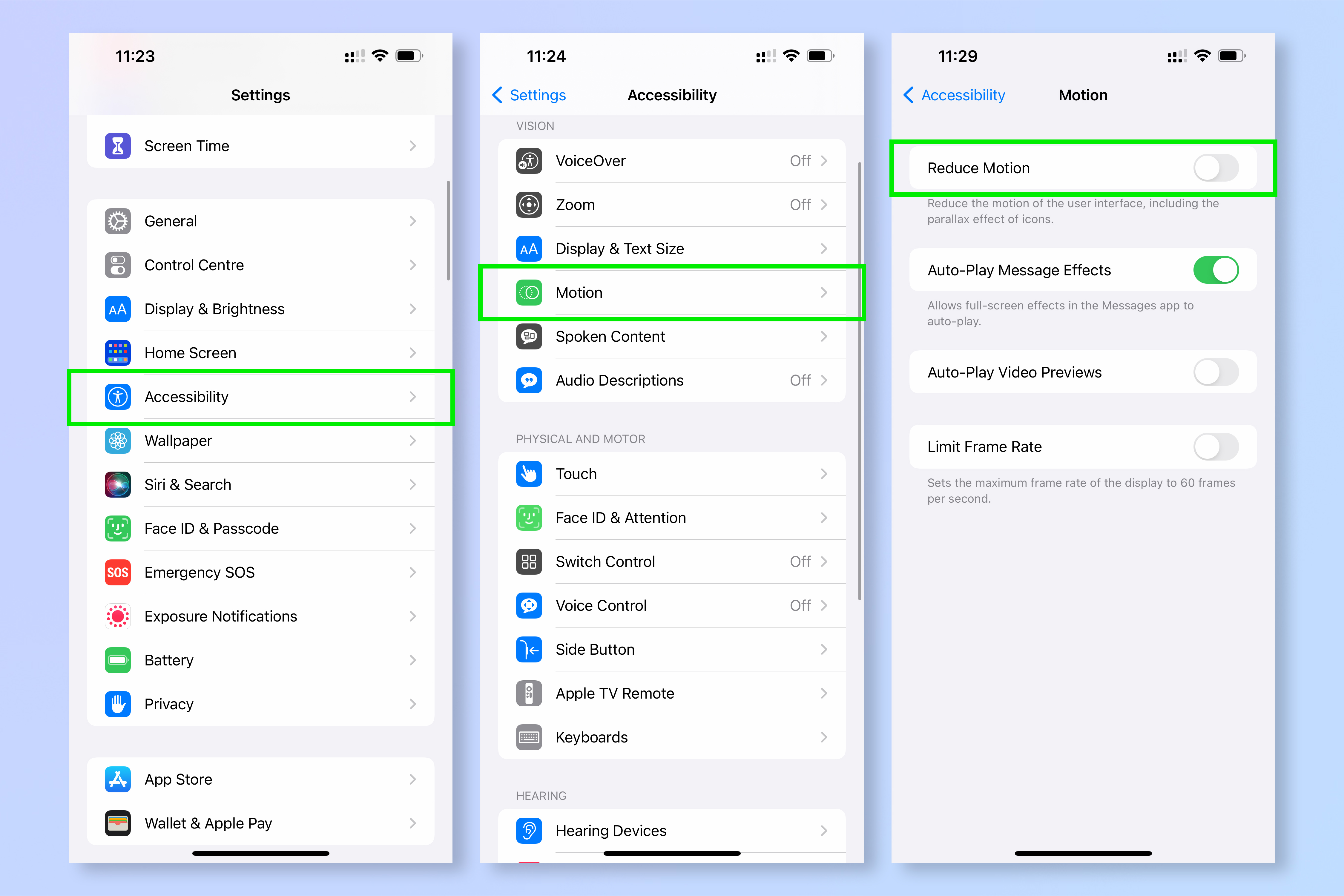 Screenshots showing the steps required to reduce motion on iPhone