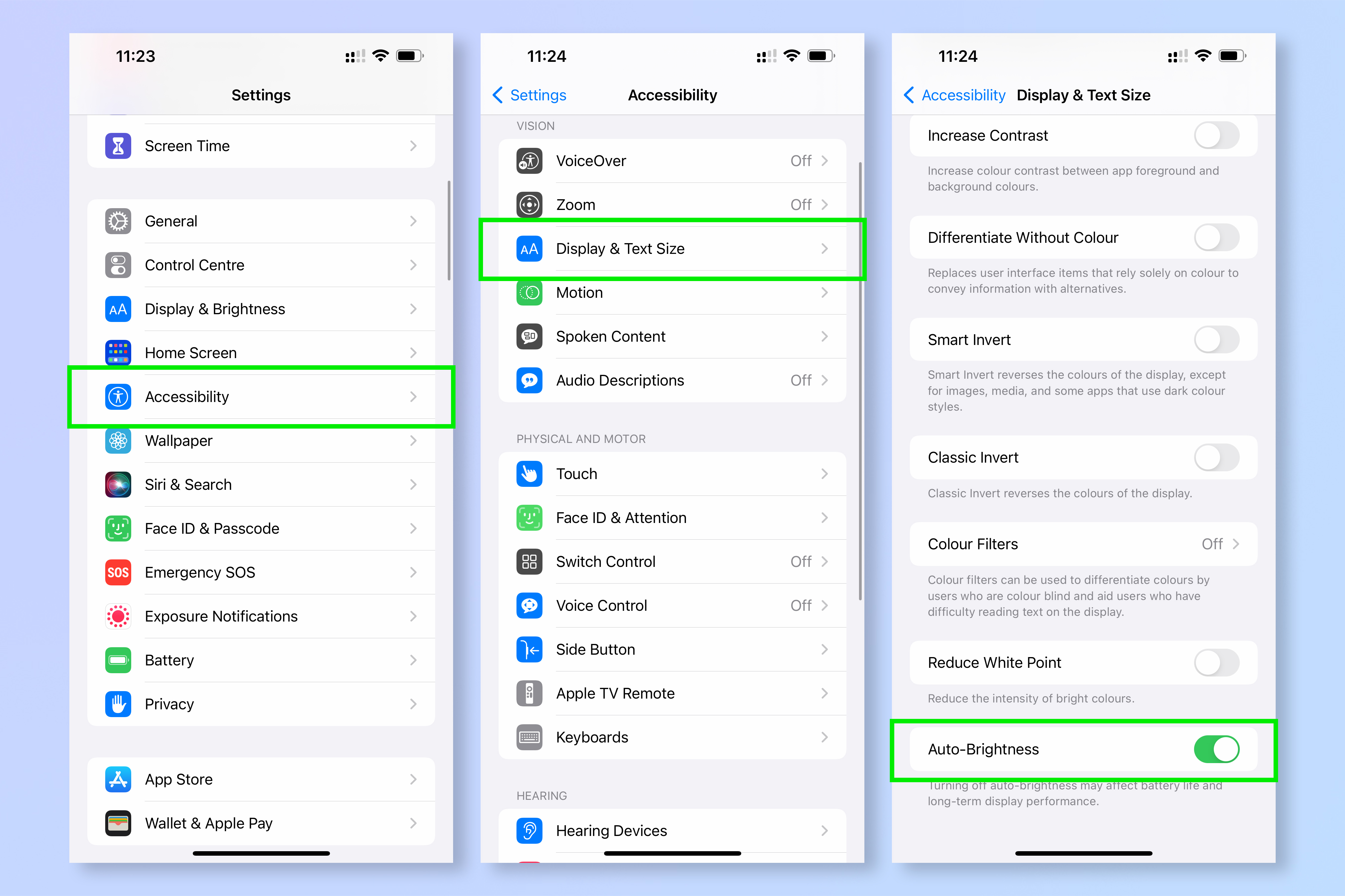 Screenshots showing the steps required to turn on Auto-Brightness on iPhone