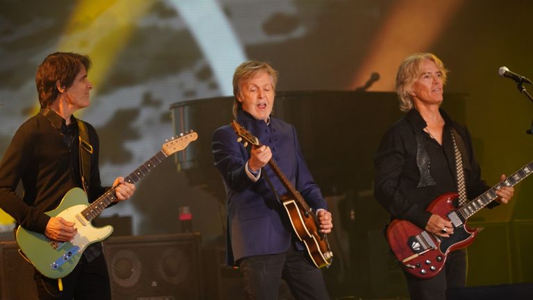 Paul McCartney performing on the Pyramid Stage during the Glastonbury Festival 