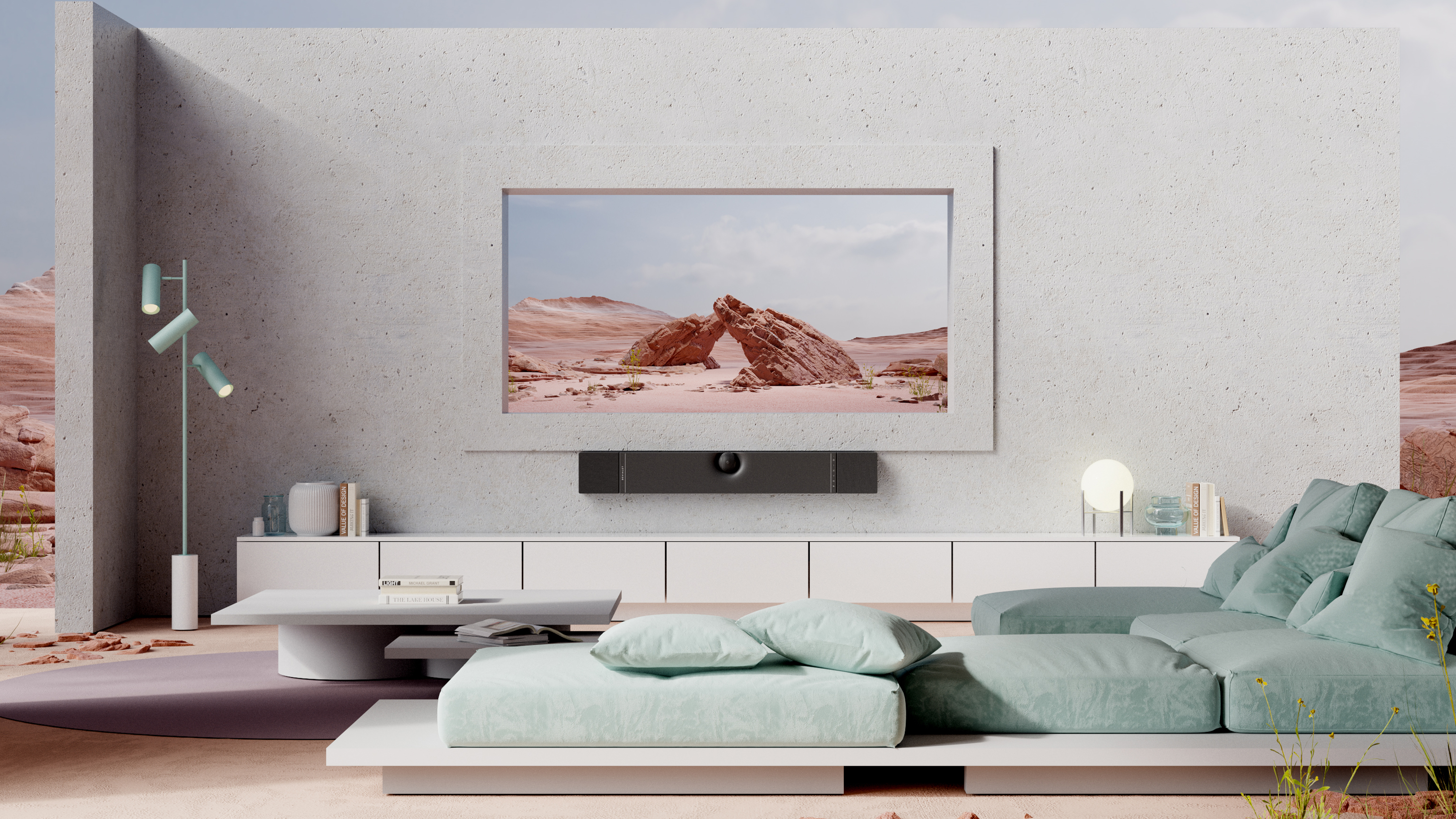 the devialet dione soundbar mounted below a tv