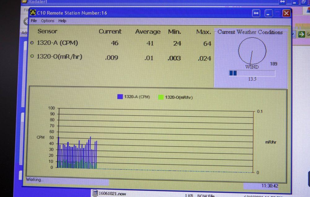 A readout on one of C-10's screens shows radiation measurements at one of the remote stations. (Robin Lubbock/WBUR)