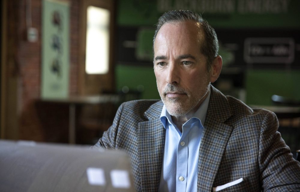 David Theodore, a co-founder of Climate Resilient Internet, at C-10 in Amesbury. (Robin Lubbock/WBUR)