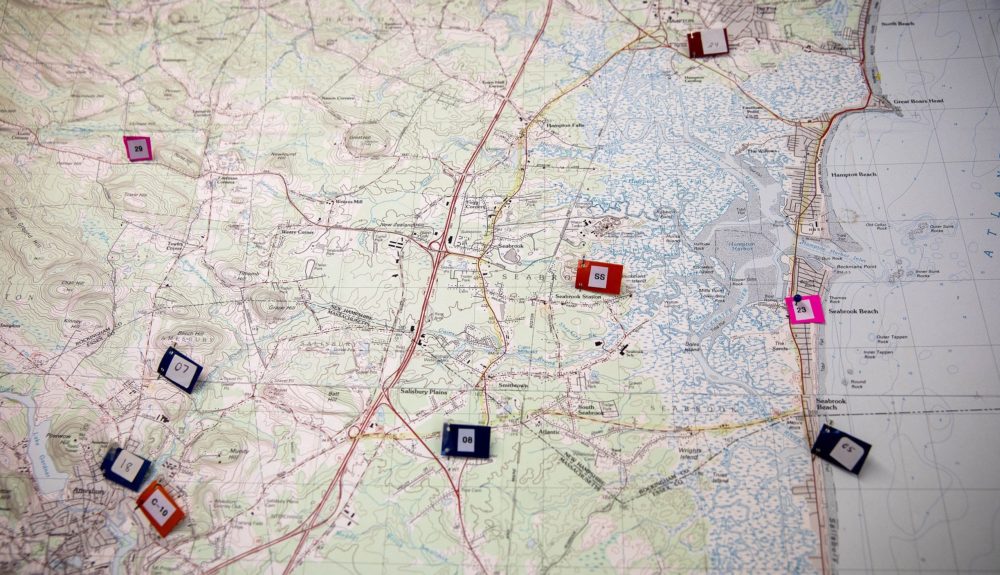 A map at C-10's office showing the positions of remote radiation monitoring stations around Seabrook power station.