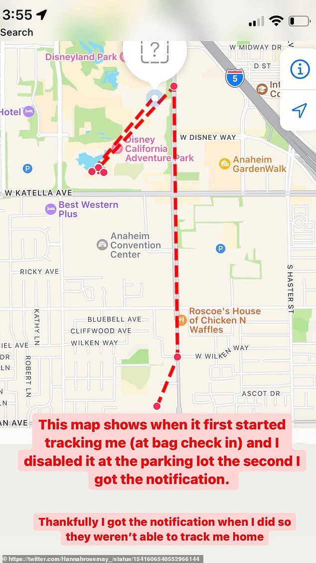 May shared a screenshot of where she had travelled while she was being tracked by the AirTag - from all around Disneyland, down to a parking lot just off South Harbor Boulevard, where she disabled the device