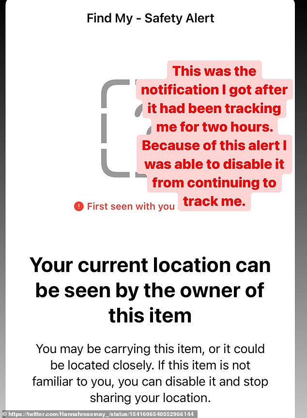 The Find My notification on May's phone read: 'Your current location can be seen by the owner of this item. You may be carrying this item, or it could be located closely. If this item is not familiar to you, you can disable it and stop sharing your location'