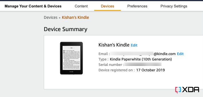 Amazon's device page displaying Device Sumary for Kindle Paperwhite