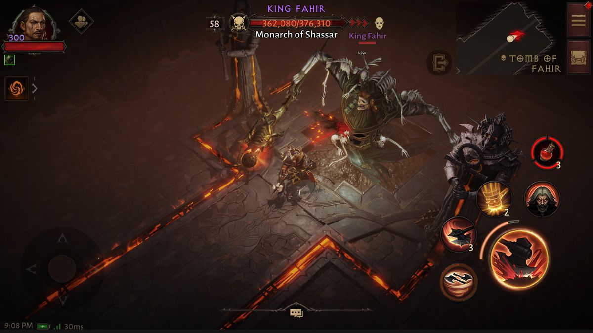 A Barbarian battles the Monarch of Shassar in a screenshot from Diablo Immortal