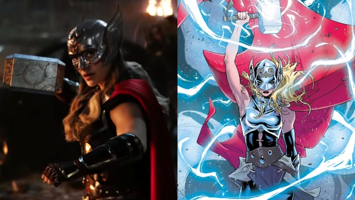 Split image of Natalie Portman as Mighty Thor in Love and Thunder and wielding Mjolnir in the comics.