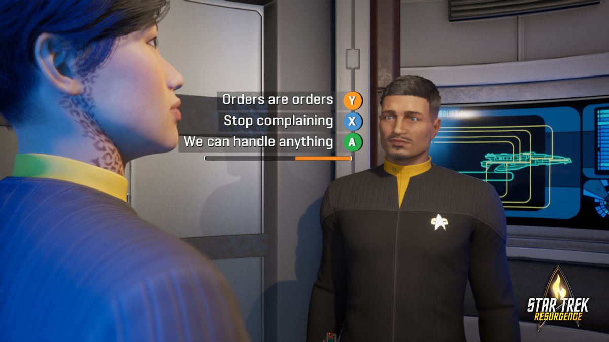 First officer Jara Rydek and engineering ensign Carter Diaz discuss their orders in a Starfleet turbolift in a screenshot from Star Trek: Resurgence