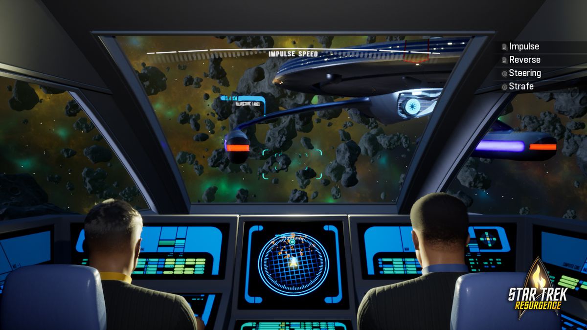 Starfleet crewmembers pilot a shuttle toward a starship and asteroid field in a screenshot from Star Trek: Resurgence