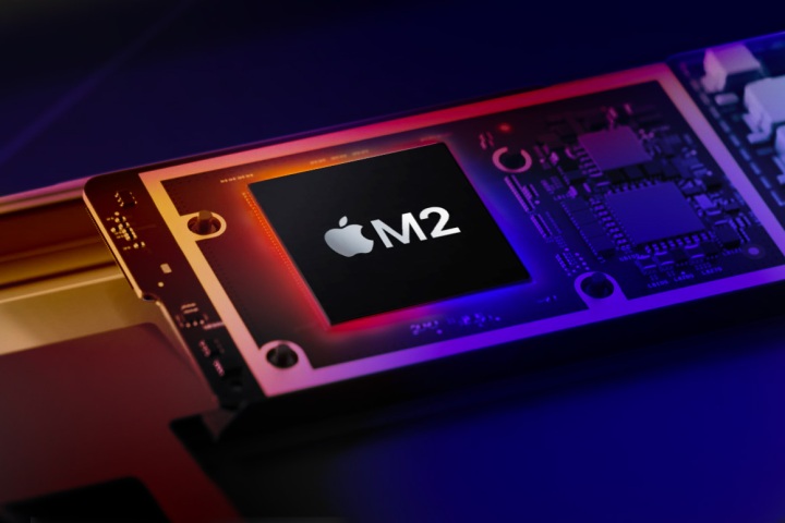 An Apple M2 chip on a stylized gradient background.