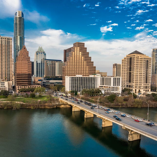 Austin, TX, evening skyline, featuring the Congress Avenue Bridge over the Colorado River.