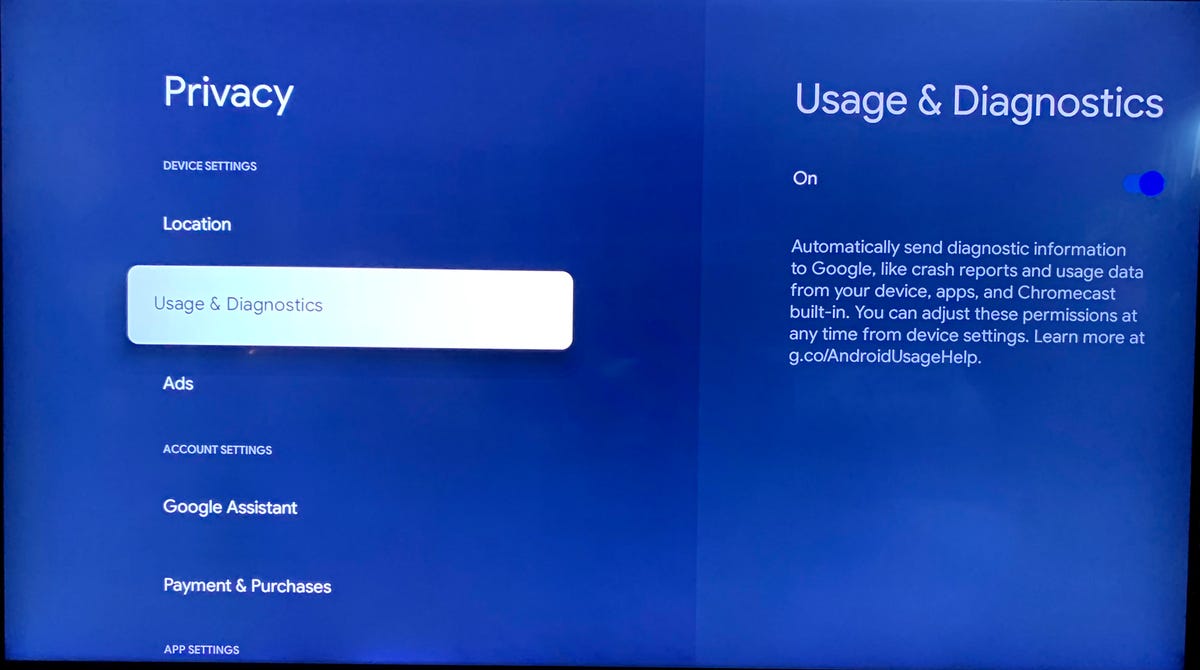 Chromecast Privacy settings with Usage and Diagnostics set to On