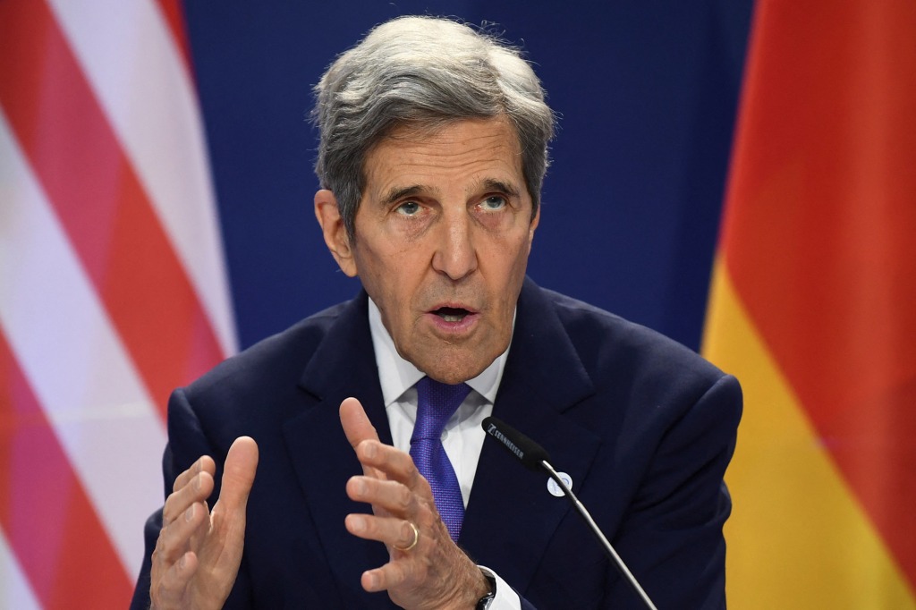 U.S. climate envoy John Kerry speaks during a news conference after signing a joint declaration of a German-American climate and energy partnership between the government of the United States of America and the government of Germany during the meeting of the G7 Climate, Energy and Environment Ministers during the German G7 Presidency at the EUREF-Campus in Berlin, Germany May 27, 2022.