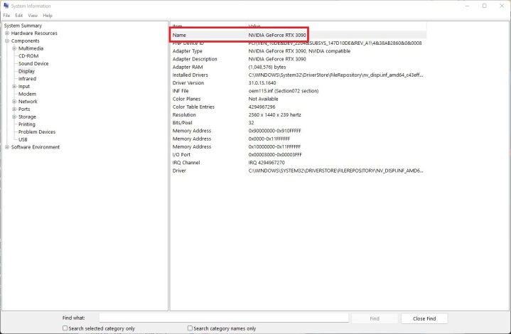 System Information in Windows showing the type of GPU in a PC.