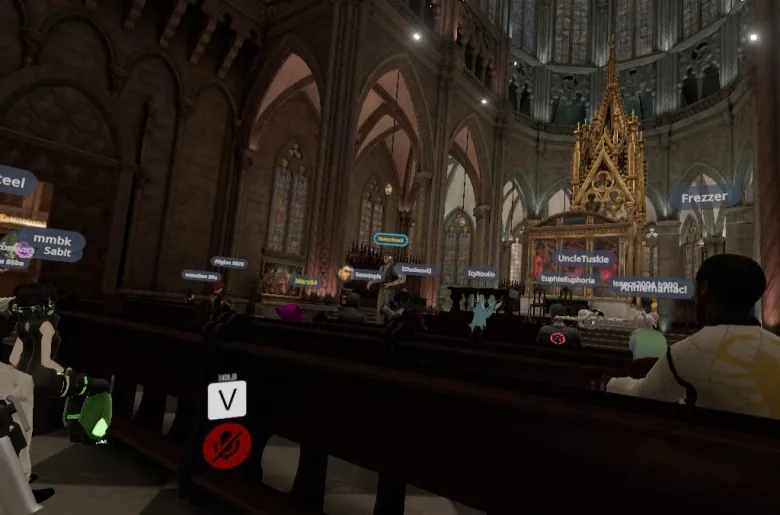 People gather in a virtual reality church.